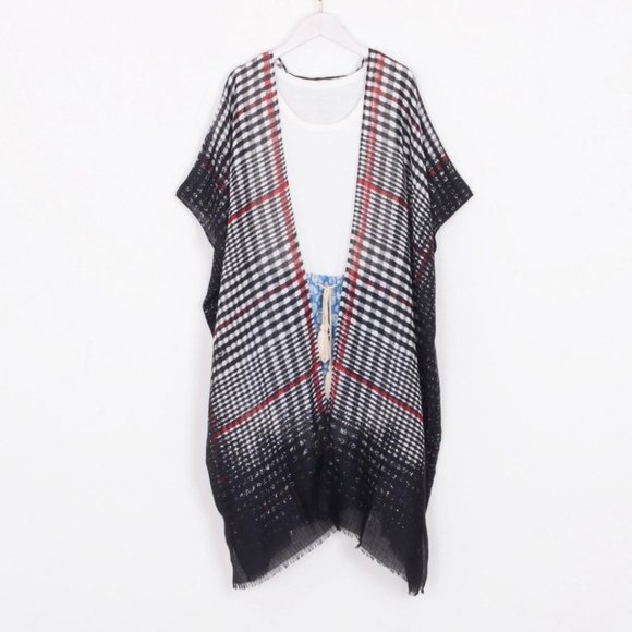 Kimonos,black plaid kimono,beach cover up,tassel kimono jacket,kimono cardigan